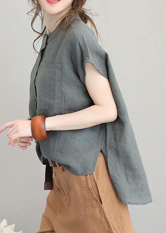 Unique Linen Tops with O-Neck, Women's Blouses, Low High Design, Plus Size Clothing, Gray Green Shirt