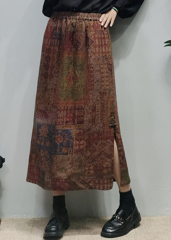 Coffee Side-Open Linen A-Line Skirt