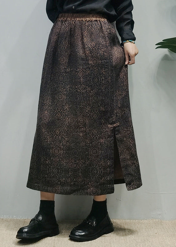 Coffee Side-Open Linen A-Line Skirt