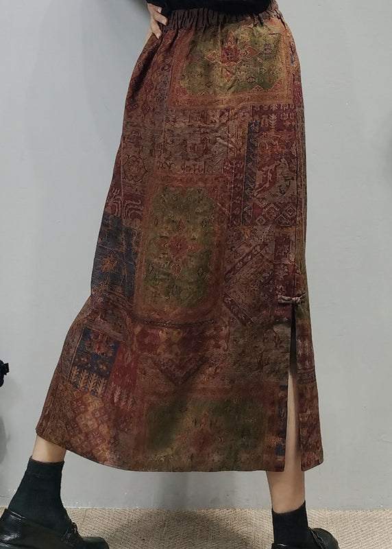 Coffee Side-Open Linen A-Line Skirt