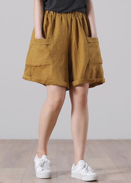 Yellow Pleated Linen Beach Shorts
