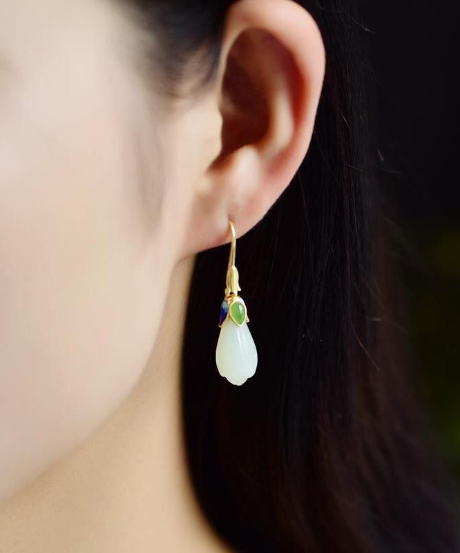 White Silver Jade Drop Earrings