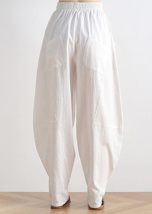 Lose Freizeithose aus weißer Baumwolle und Leinen im Vintage-Stil Zen-Laternenhose