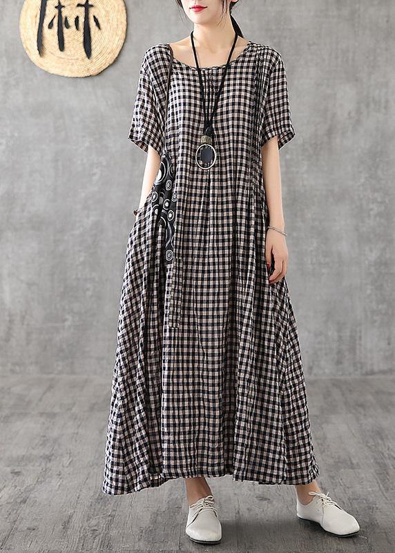 Vibrant Patchwork Linen Quilted Dresses Runway Black Checkered Dresses Summer