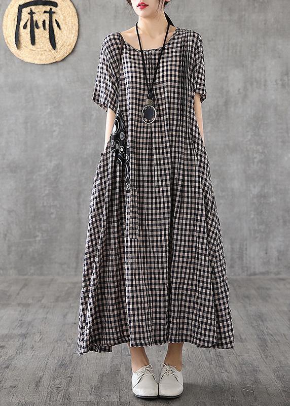 Vibrant Patchwork Linen Quilted Dresses Runway Black Checkered Dresses Summer