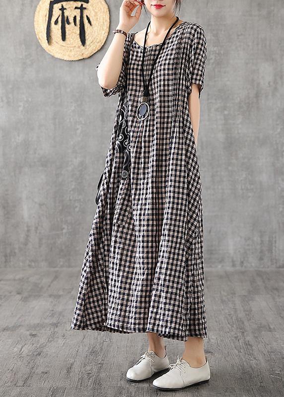 Vibrant Patchwork Linen Quilted Dresses Runway Black Checkered Dresses Summer