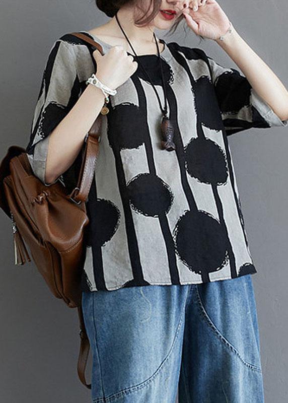 Cotton-Linen T-Shirt with Polka Dot Pattern and Stripes by Water Ink