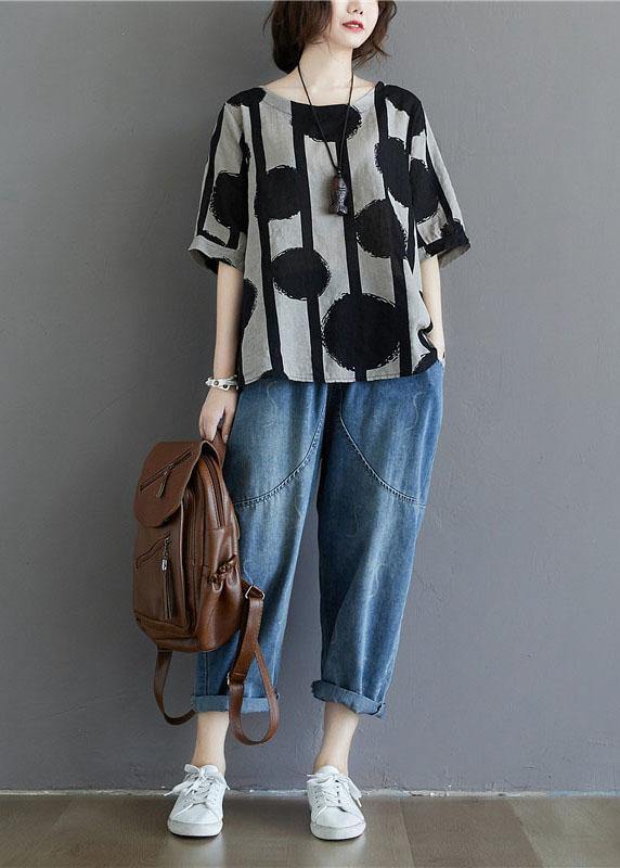 Cotton-Linen T-Shirt with Polka Dot Pattern and Stripes by Water Ink
