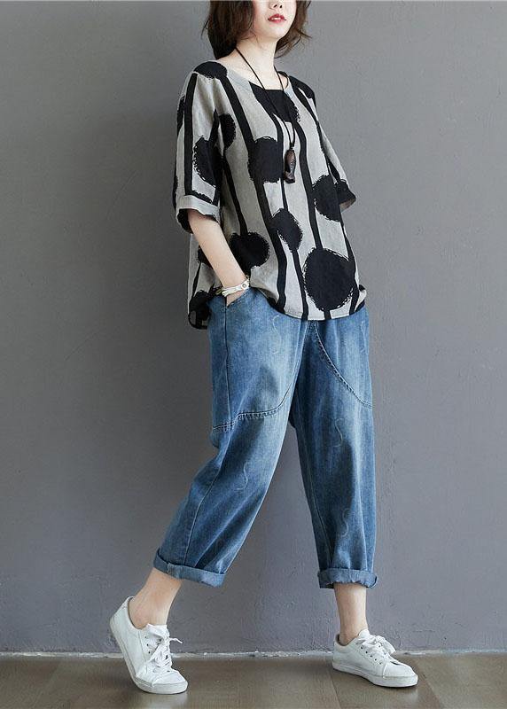 Cotton-Linen T-Shirt with Polka Dot Pattern and Stripes by Water Ink