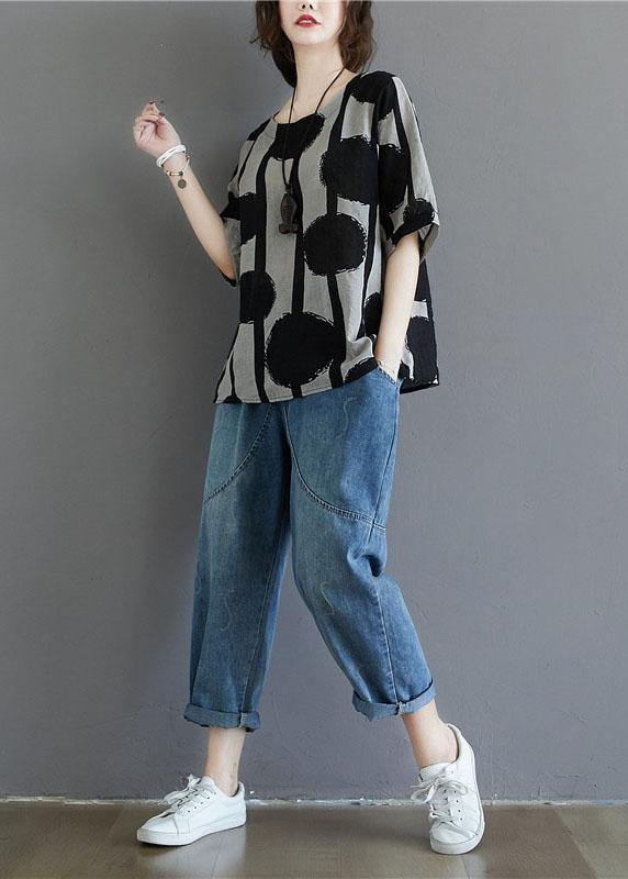 Cotton-Linen T-Shirt with Polka Dot Pattern and Stripes by Water Ink