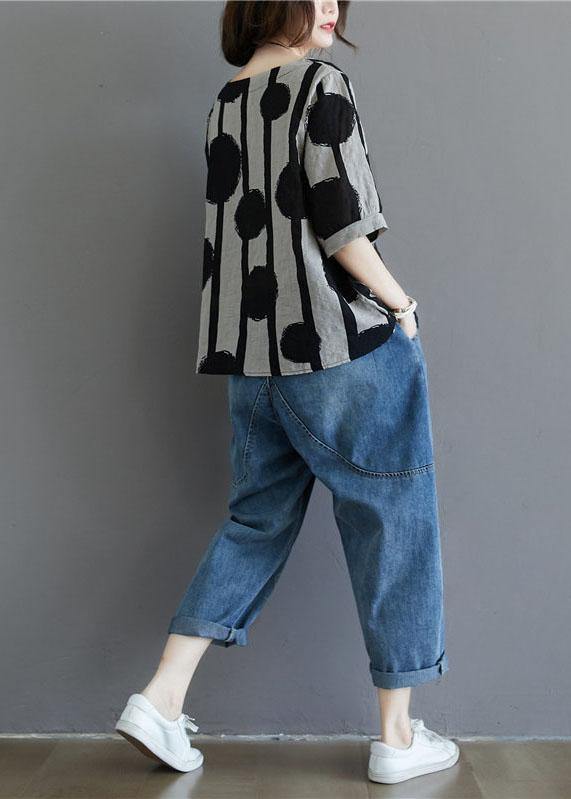 Cotton-Linen T-Shirt with Polka Dot Pattern and Stripes by Water Ink