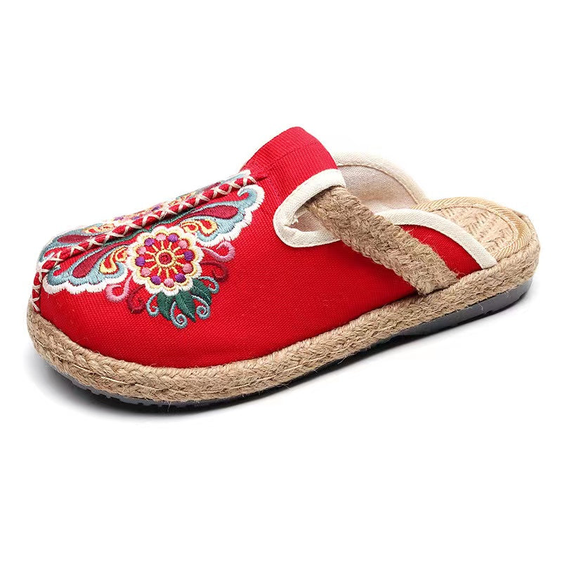 2025 Linen Floral Shoes Flip Flop Flats