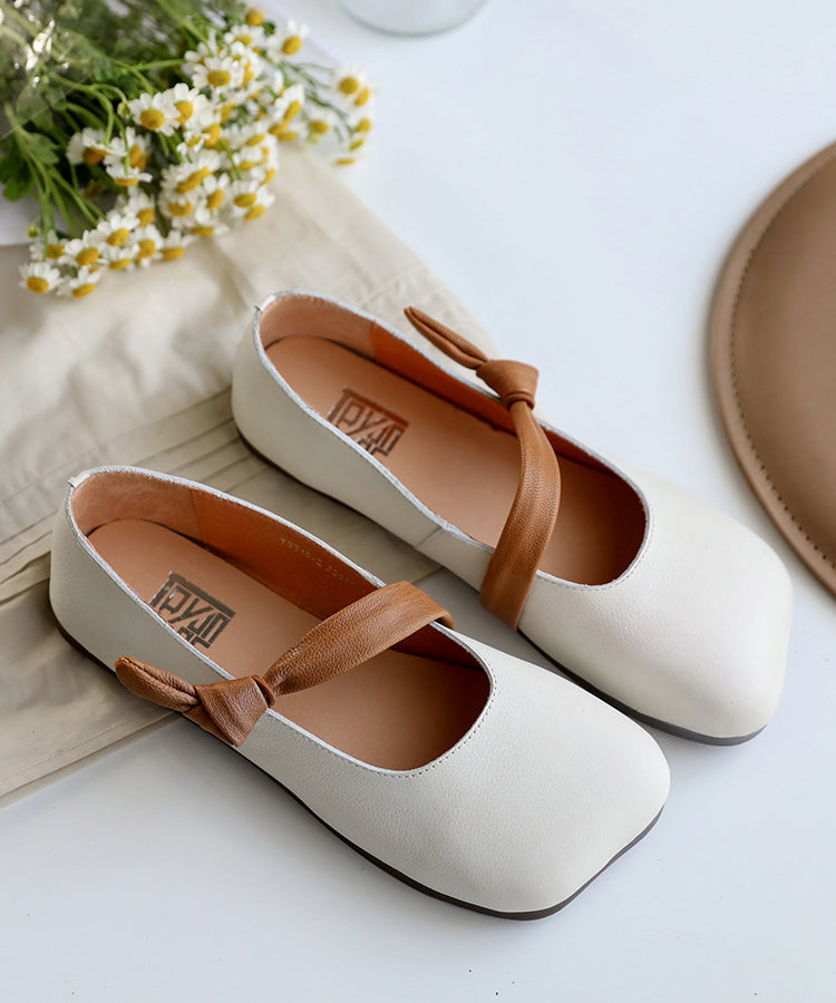 White Leather Flats Unique Buckle Strap Flats
