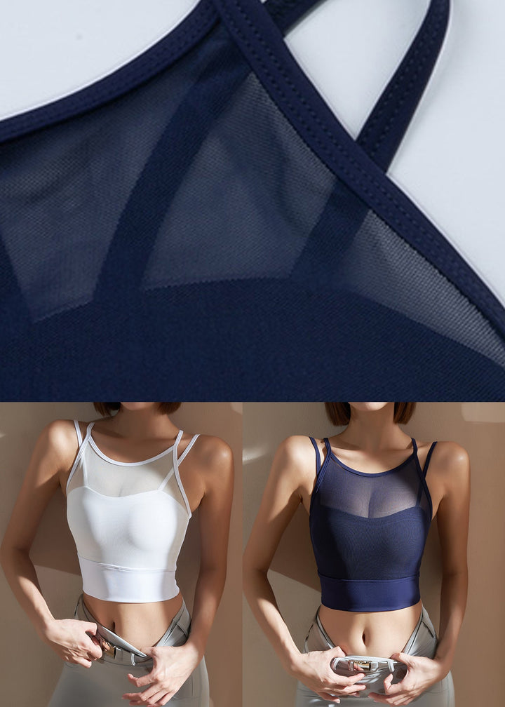 White O-Neck Patchwork Tulle Yoga Top