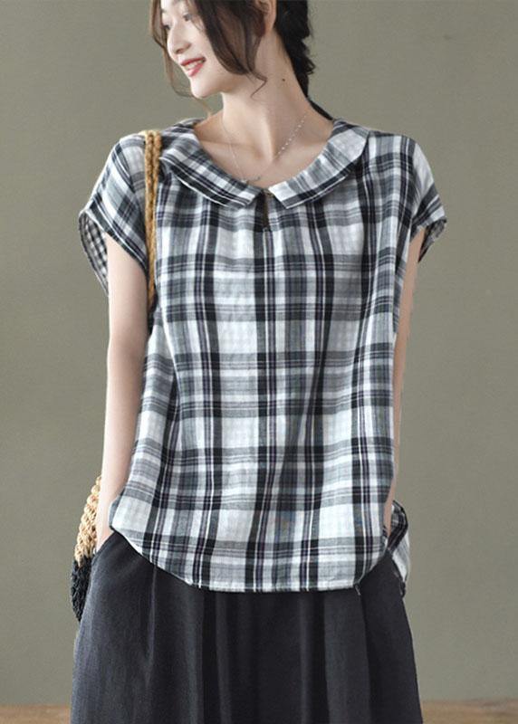Women’s Black White Plaid Peter Pan Collar Cotton Shirts Summer