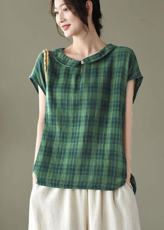 Women’s Black White Plaid Peter Pan Collar Cotton Shirts Summer