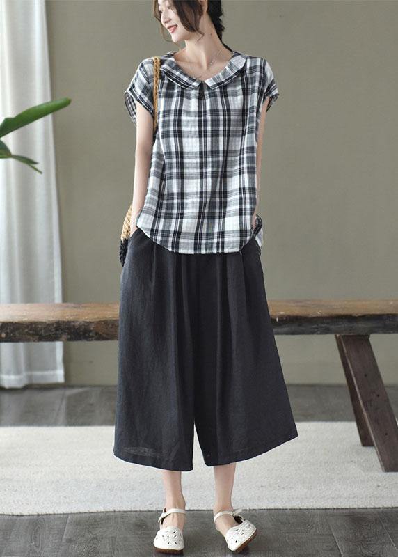 Women’s Black White Plaid Peter Pan Collar Cotton Shirts Summer