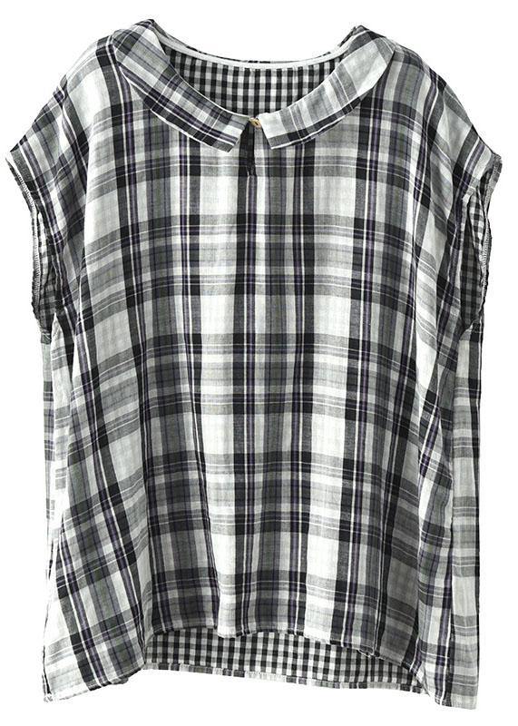Women’s Black White Plaid Peter Pan Collar Cotton Shirts Summer