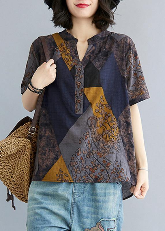 Women Blue Yellow V-Neck Cotton Linen Blouse Tops Summer