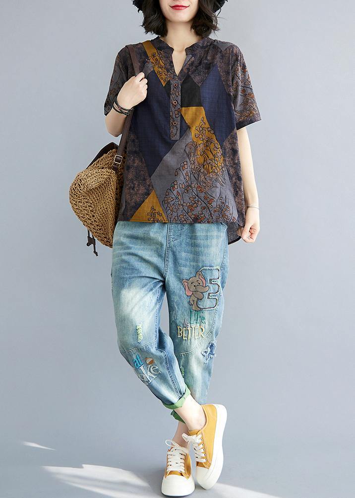 Women Blue Yellow V-Neck Cotton Linen Blouse Tops Summer