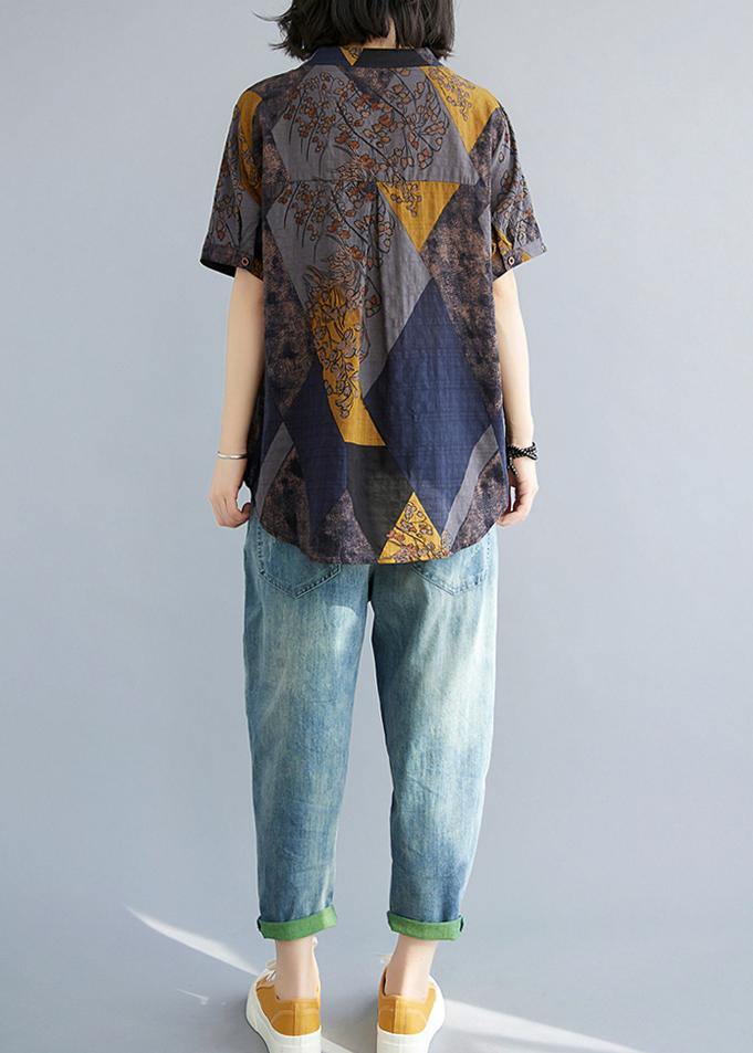 Women Blue Yellow V-Neck Cotton Linen Blouse Tops Summer