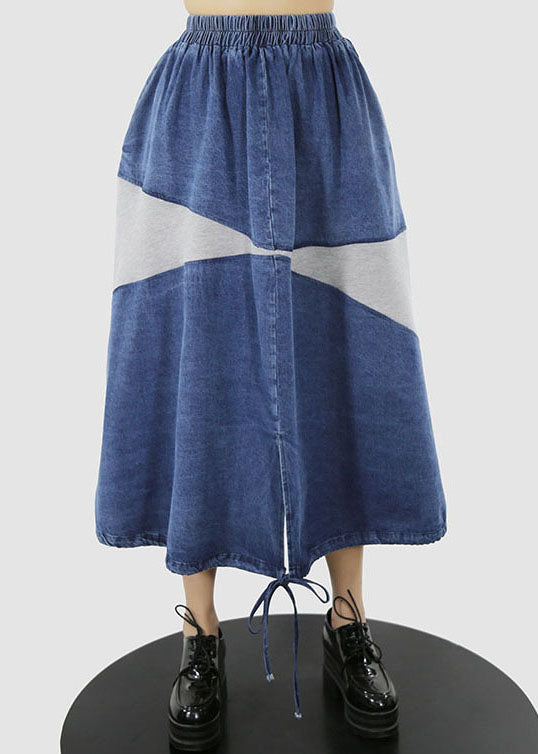 Blue White Drawstring Patchwork Denim Skirt