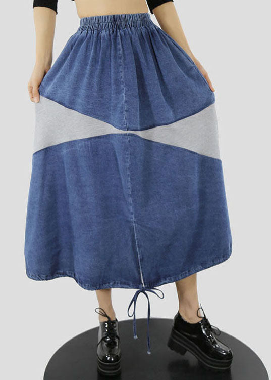 Blue White Drawstring Patchwork Denim Skirt