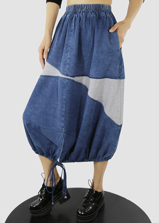Blue White Drawstring Patchwork Denim Skirt