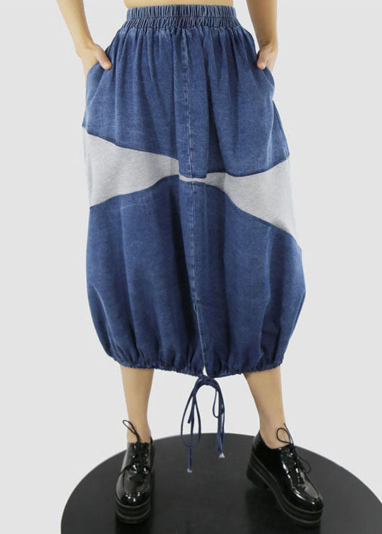 Blue White Drawstring Patchwork Denim Skirt