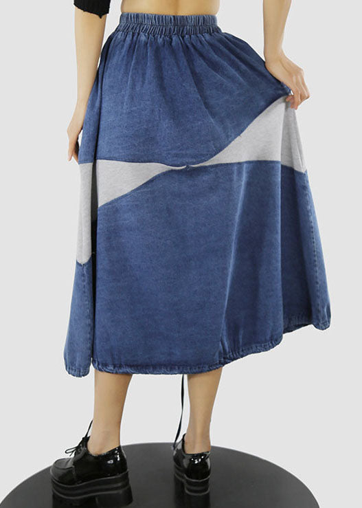 Blue White Drawstring Patchwork Denim Skirt