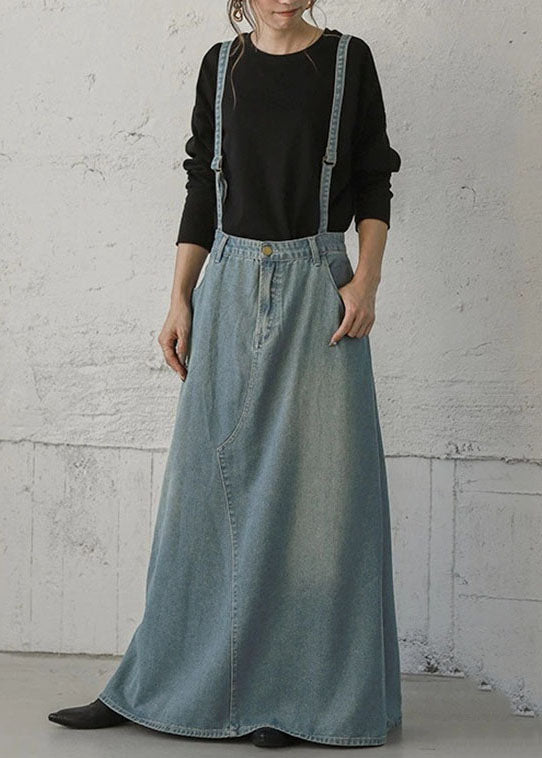 Light Blue Button Ankle-Length Denim Skirt