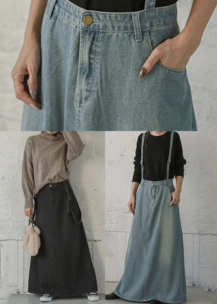Light Blue Button Ankle-Length Denim Skirt