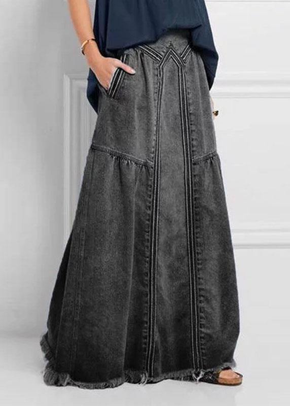 Women's Distressed Solid Colour Elastic Waist Loose Denim Skirt with Pocket
