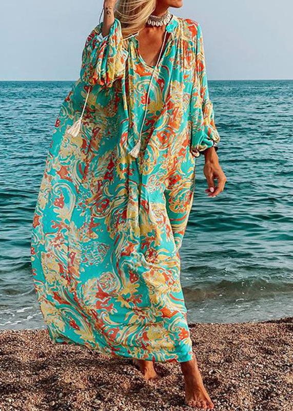 Women’s Green Oversized Print Cotton Loose Beach Dresses Long Sleeve
