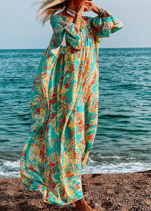 Women’s Green Oversized Print Cotton Loose Beach Dresses Long Sleeve