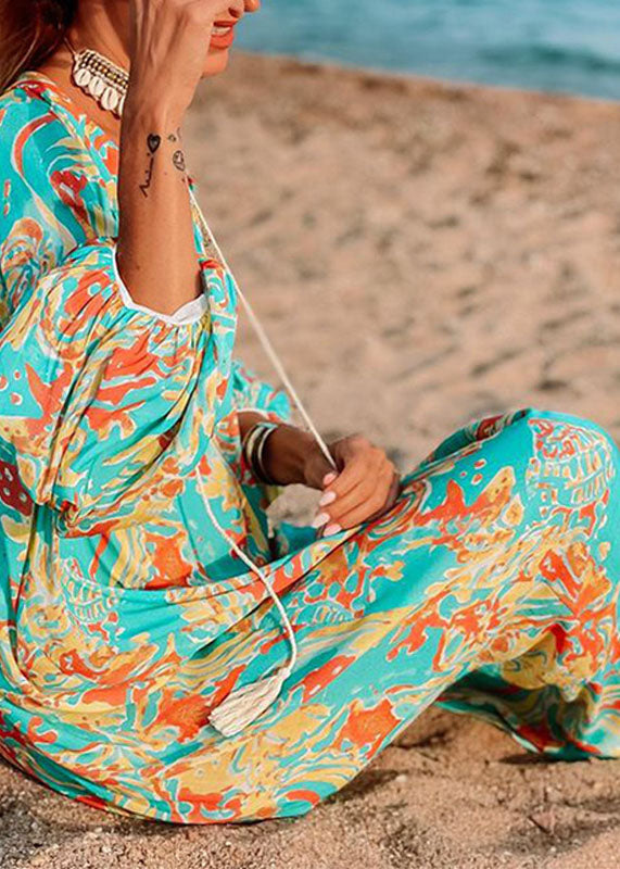 Women’s Green Oversized Print Cotton Loose Beach Dresses Long Sleeve