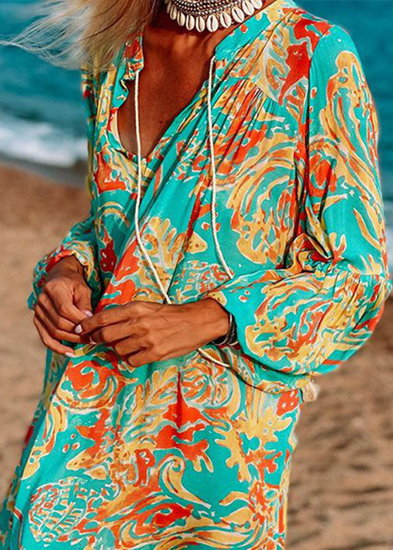 Women’s Green Oversized Print Cotton Loose Beach Dresses Long Sleeve