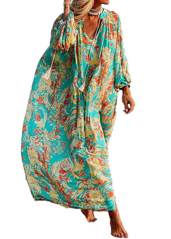 Women’s Green Oversized Print Cotton Loose Beach Dresses Long Sleeve