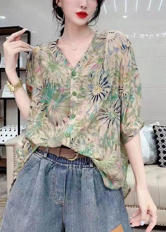 Women’s Green V-Neck Button Diamond Print Chiffon Shirt Top Short Sleeve