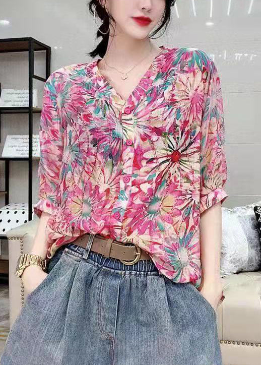 Women’s Green V-Neck Button Diamond Print Chiffon Shirt Top Short Sleeve