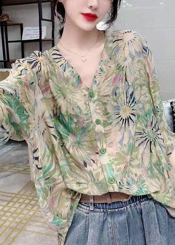 Women’s Green V-Neck Button Diamond Print Chiffon Shirt Top Short Sleeve