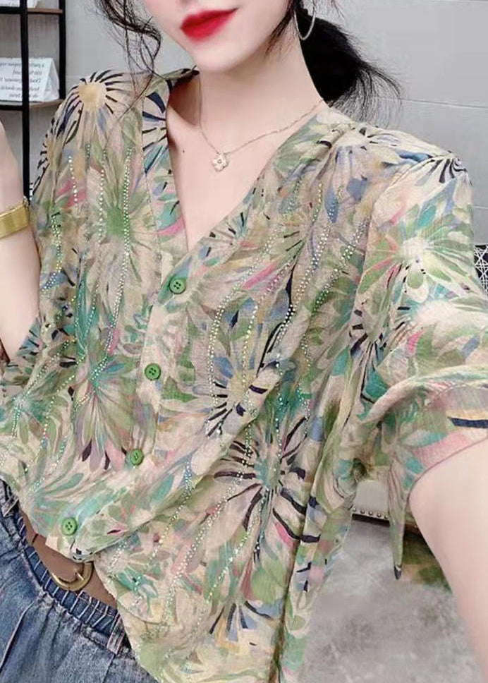 Women’s Green V-Neck Button Diamond Print Chiffon Shirt Top Short Sleeve