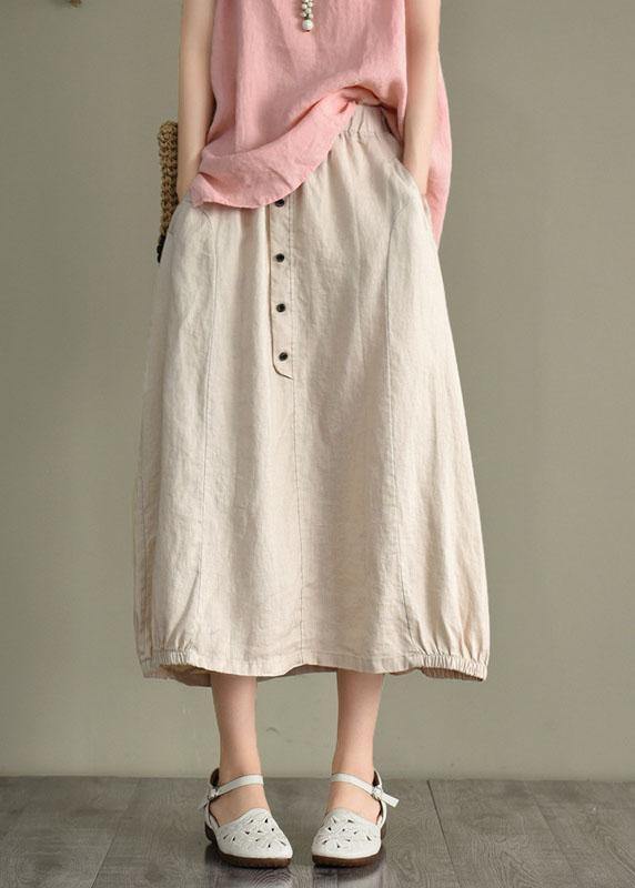 Khaki Linen Elastic Waist Skirt