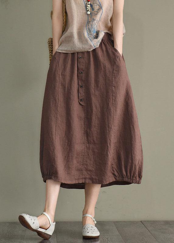 Khaki Linen Elastic Waist Skirt