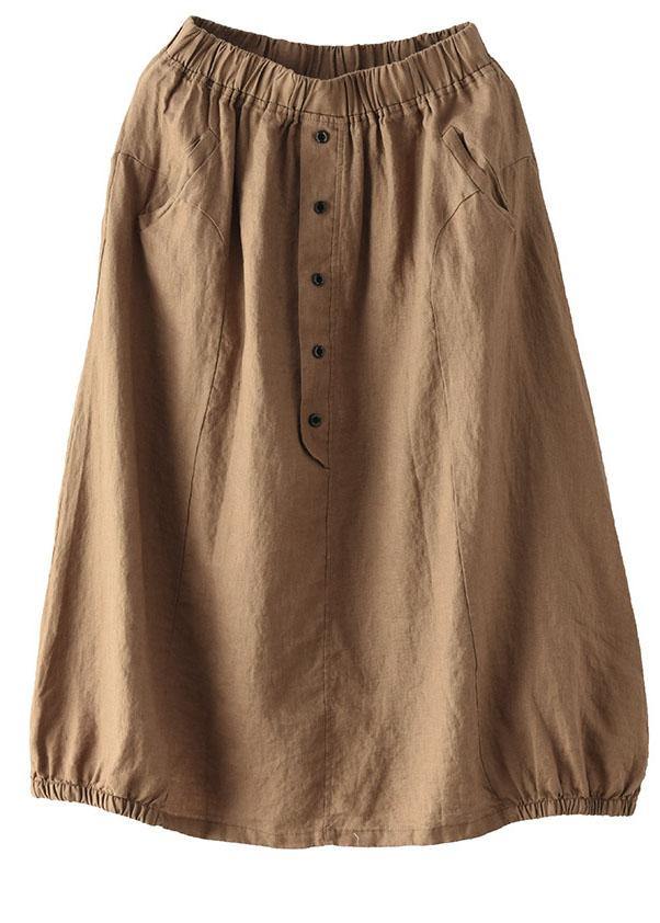 Khaki Linen Elastic Waist Skirt