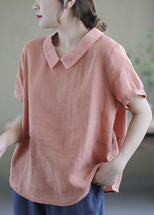 Women’s Pink Peter Pan Collar Patchwork Summer Ramie Shirts Short Sleeve