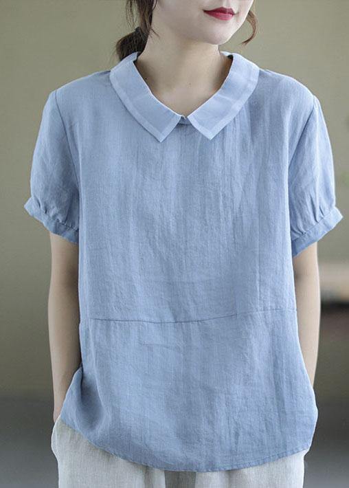 Women’s Pink Peter Pan Collar Patchwork Summer Ramie Shirts Short Sleeve