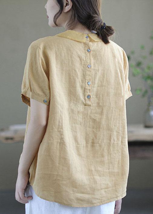 Women’s Pink Peter Pan Collar Patchwork Summer Ramie Shirts Short Sleeve