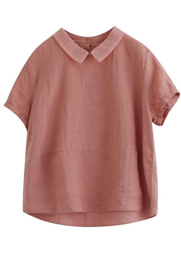 Women’s Pink Peter Pan Collar Patchwork Summer Ramie Shirts Short Sleeve