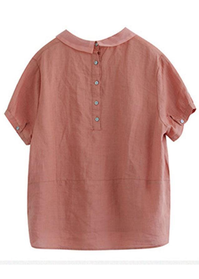 Women’s Pink Peter Pan Collar Patchwork Summer Ramie Shirts Short Sleeve